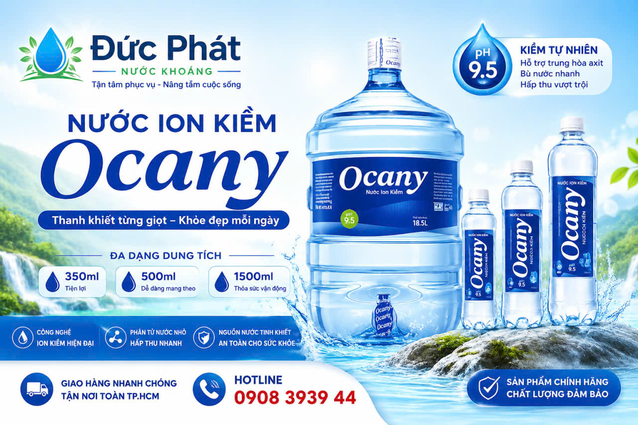 Danh mục sản phẩm nước Ion Kiềm Ocany bình 18.5L và chai nhỏ với đa dạng về thể tích Đức Phát chuyên cung cấp nước uống ion kiềm Ocany tại Tp HCM
