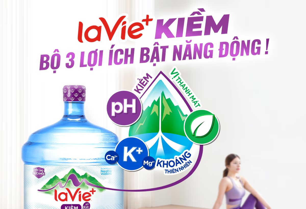 Nước khoáng Lavie kiềm có vòi tiện lợi pH 8.6+ kiềm tự nhiên. Giũ khoáng chất thiên nhiên. Bình 18.5L có vòi tiện lợi