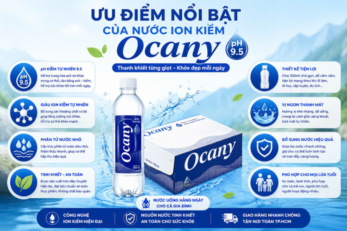giao nước uống đóng chai văn phòng tại thủ đức, Tp HCM Nước ion kiềm Ocany 500ml thùng 24 chai là lựa chọn tuyệt vời cho những ai muốn duy trì thói quen uống nước lành mạnh mỗi ngày. Với độ pH 9.5, khả năng hấp thụ nhanh cùng thiết kế chai nhỏ gọn, sản phẩm đáp ứng tốt nhu cầu của cá nhân, gia đình và doanh nghiệp.