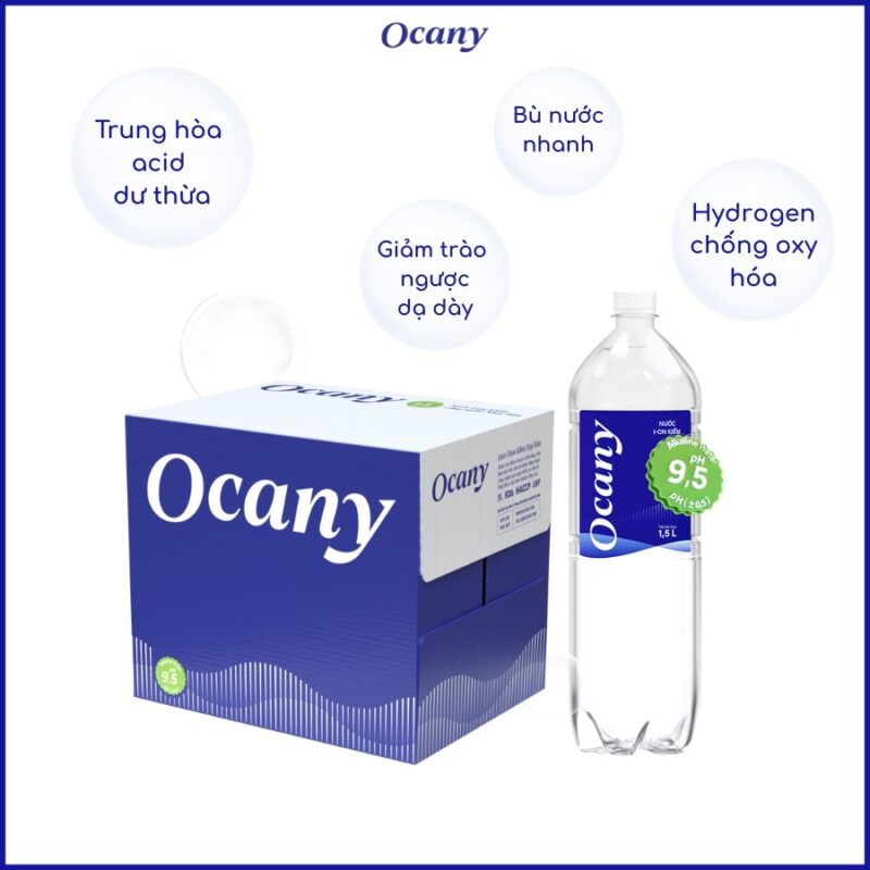 Thùng nước ion kiềm Ocany 1.5L giúp trung hòa acid dư thừa, giảm trào ngược dạ dầy, bù nước nhanh, có chất Hydrogen chống oxy hóa