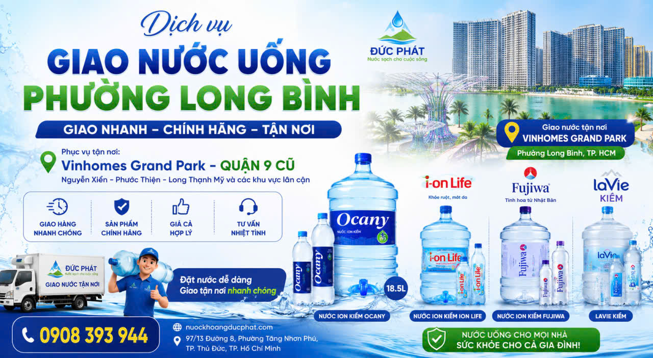 giao nước đóng chai tận nơi nhanh nhất Dịch vụ giao nước uống tận nơi tại Vinhomes Grand Park Phường Long Bình, TP. HCM