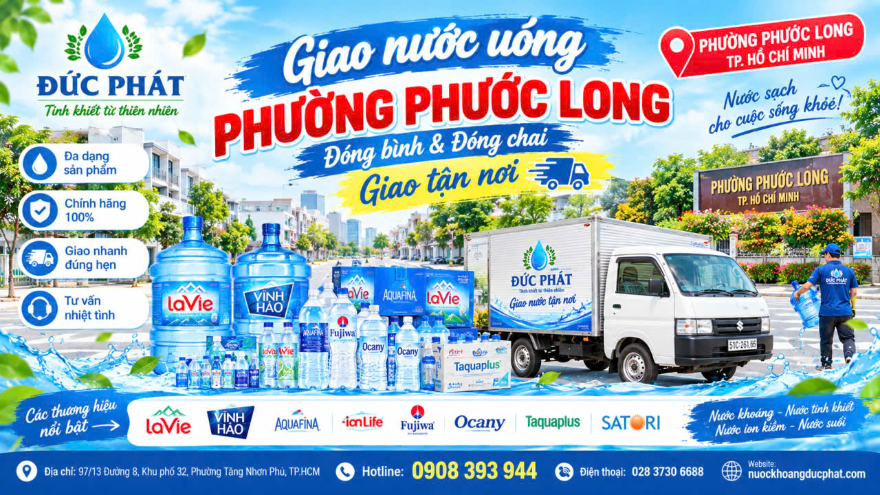 Giao nước uống Phường Phước Long là dịch vụ được Công Ty TNHH Nước Khoáng Đức Phát cung cấp nhằm đáp ứng nhu cầu sử dụng nước uống của hộ gia đình, văn phòng, công ty, cửa hàng, nhà hàng, trường học, công trình và doanh nghiệp tại Phường Phước Long, TP.HCM.